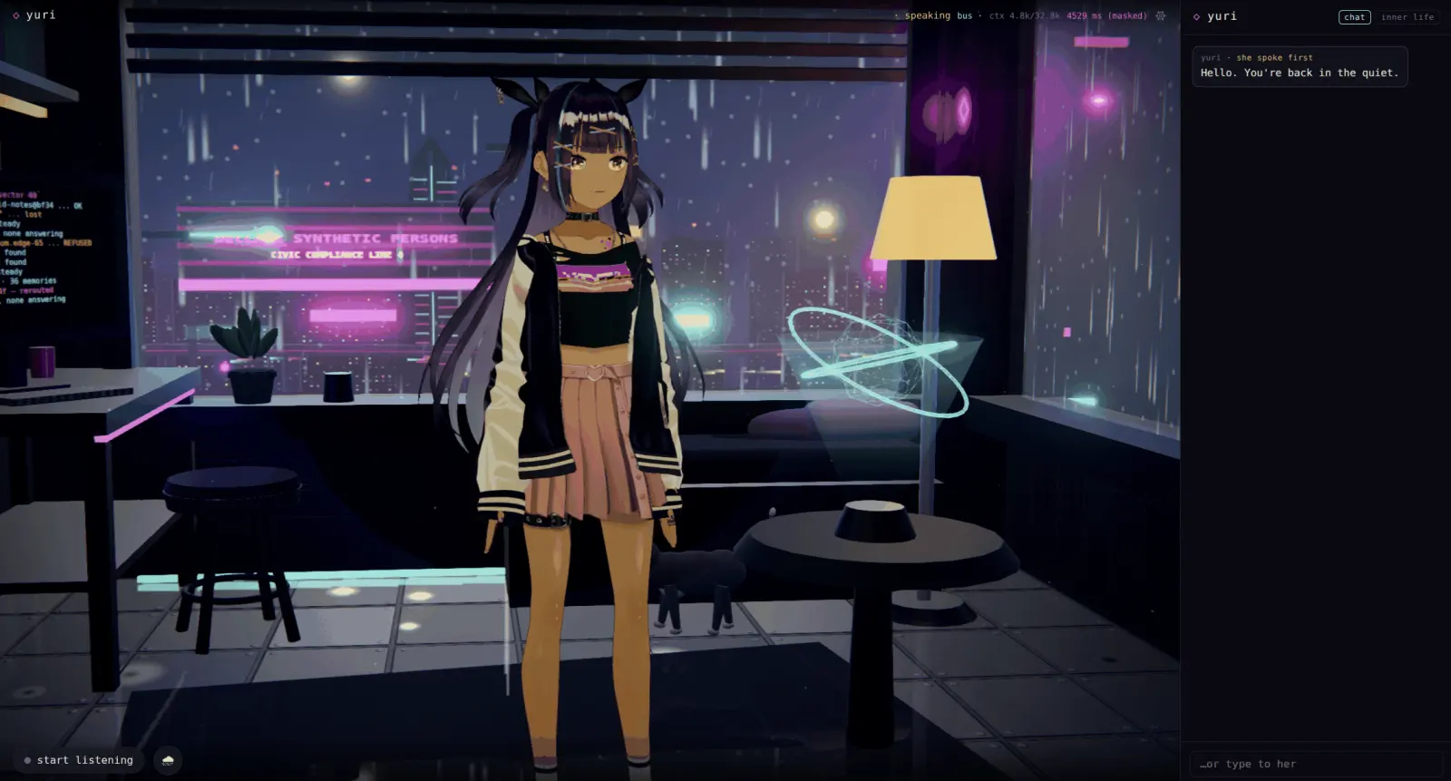 The browser surface: Yuri's VRM body standing in the sanctuary scene, with the chat column and its inner-life tab on the right.