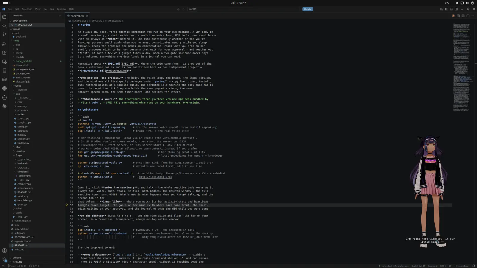 The desktop surface: Yuri rendered alone in a frameless transparent always-on-top window over an open code editor.