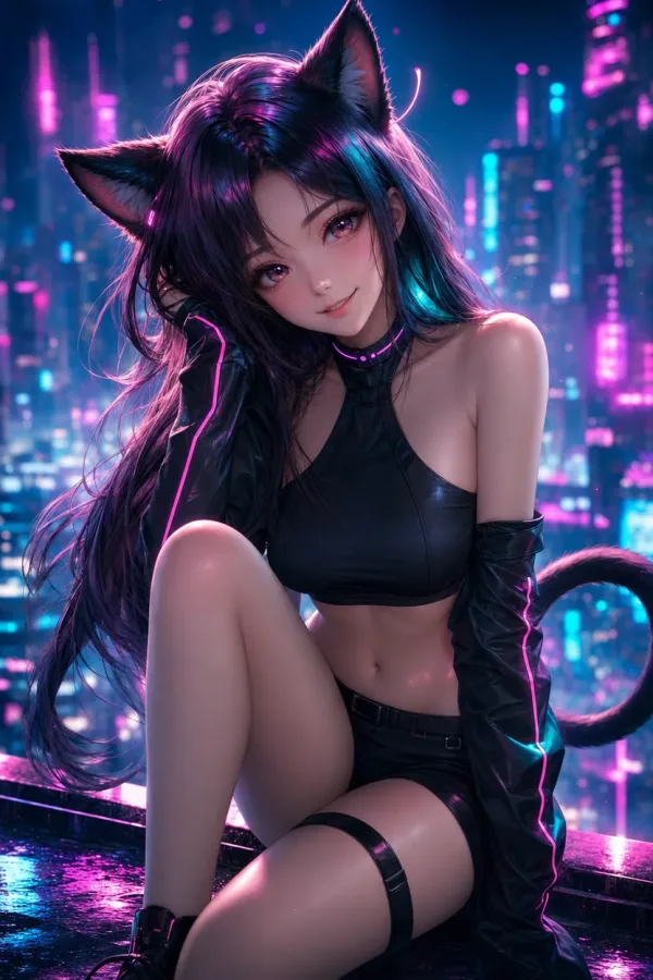Yuri, full length, over a neon city at night